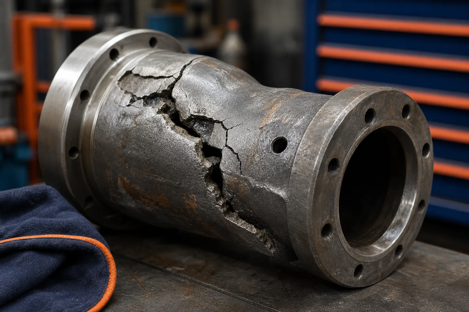 Damaged industrial component with deformation and material loss requiring review