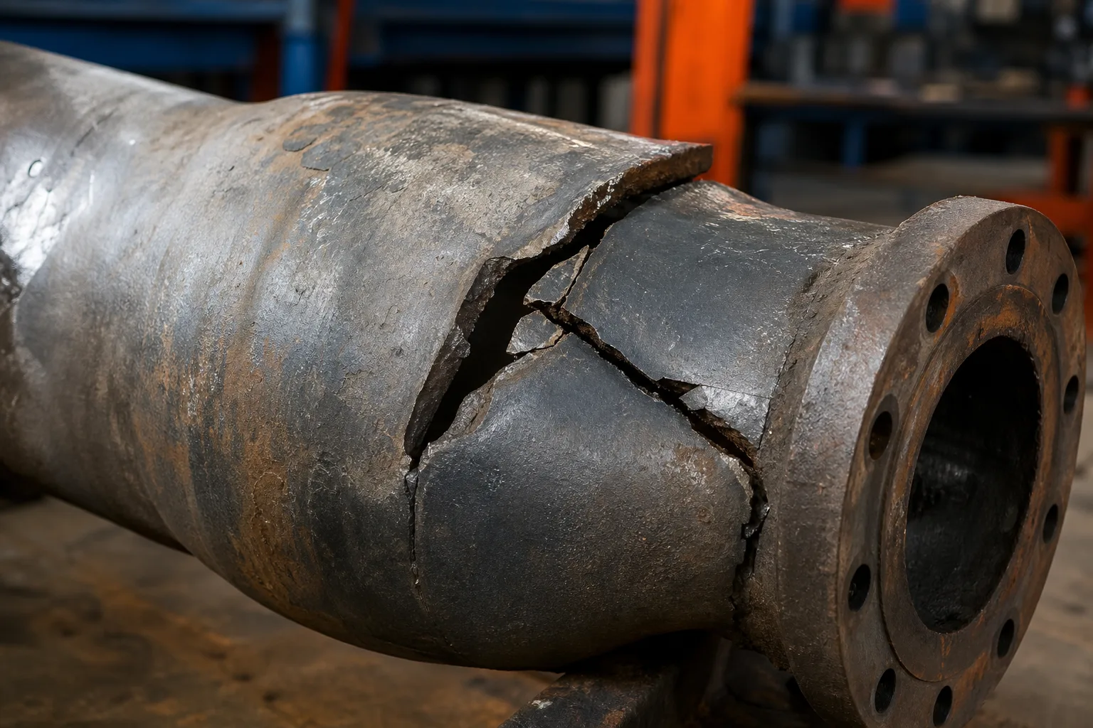 Damaged industrial component with deformation and material loss requiring review