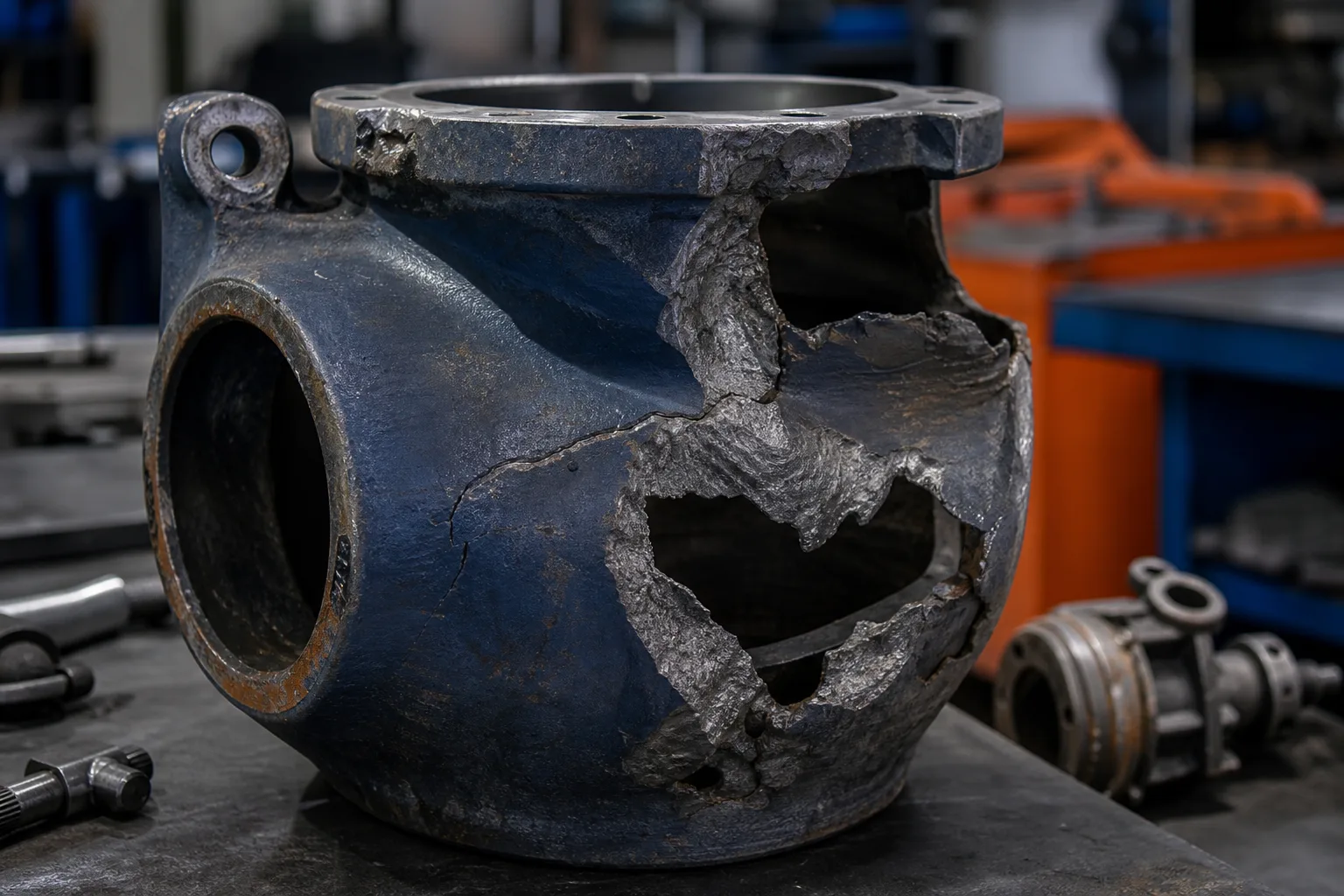 Damaged industrial component with deformation and material loss requiring review