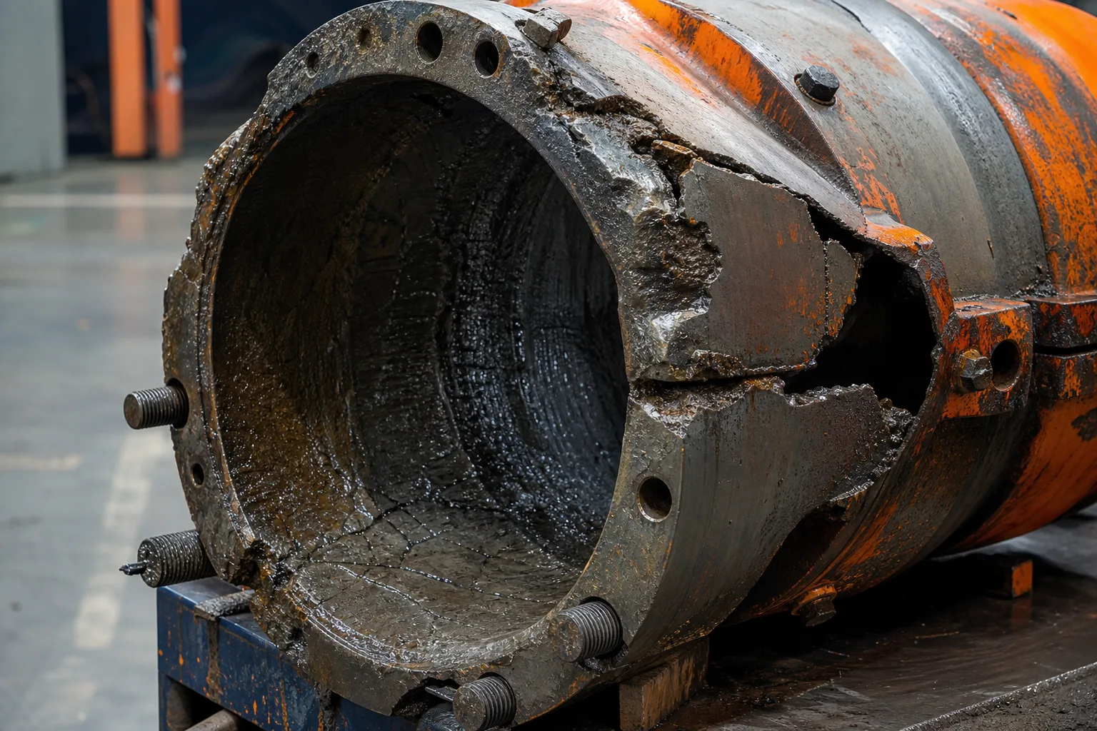 Damaged industrial component with deformation and material loss requiring review