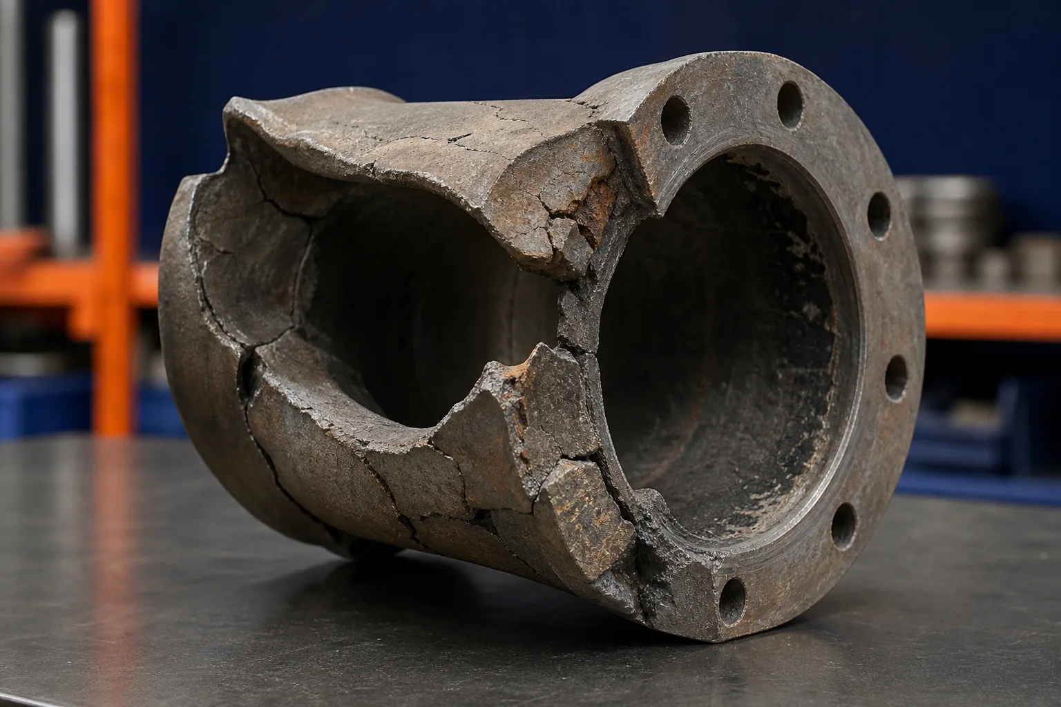 Damaged industrial component with deformation and material loss requiring review