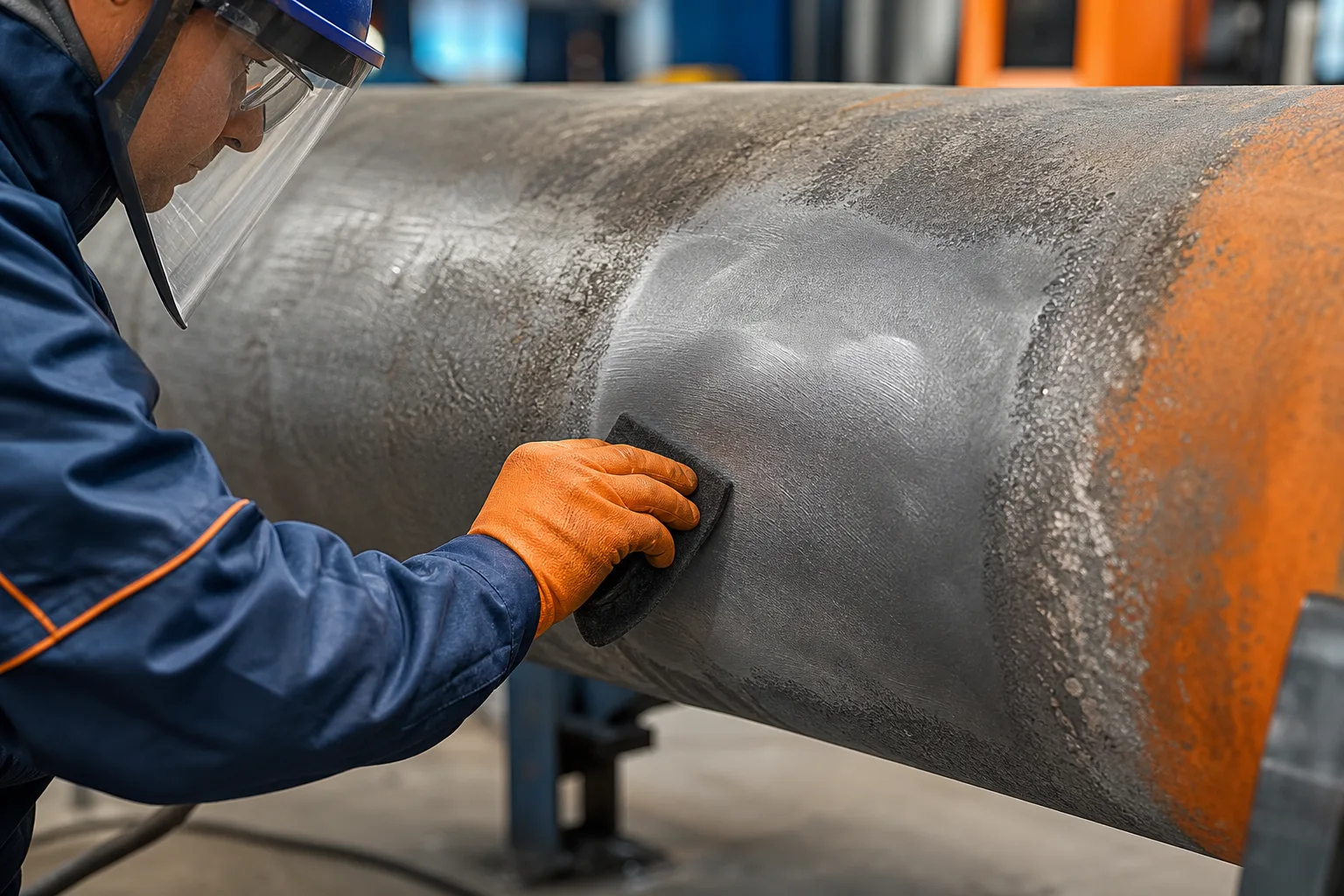 Technician preparing a metal surface for industrial repair application