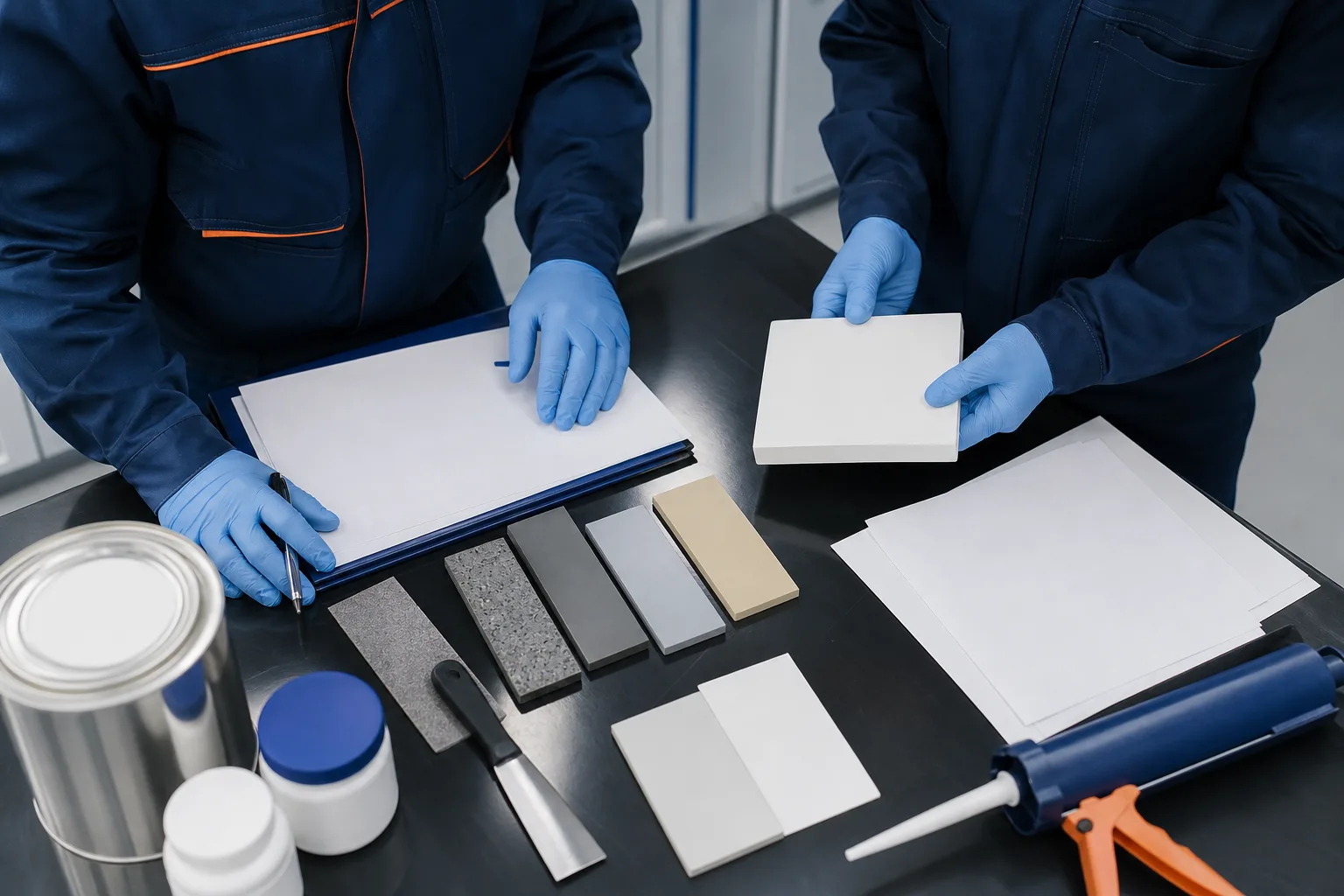 Technical personnel reviewing industrial repair documents and material samples