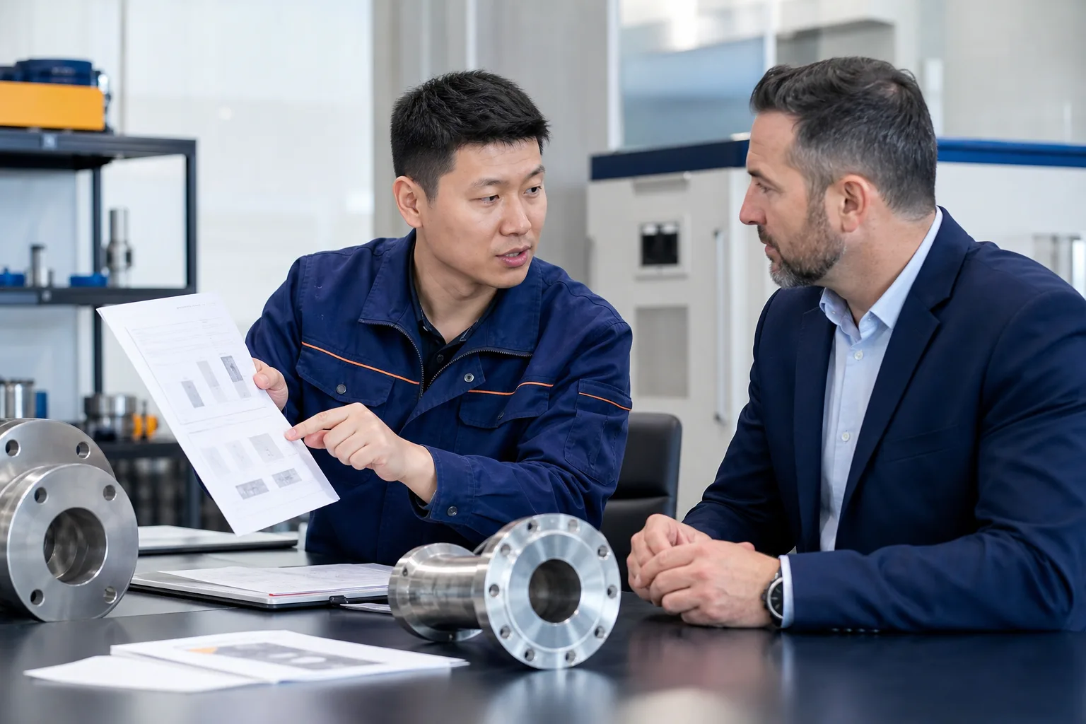 Technical specialist and procurement professional reviewing repair material information
