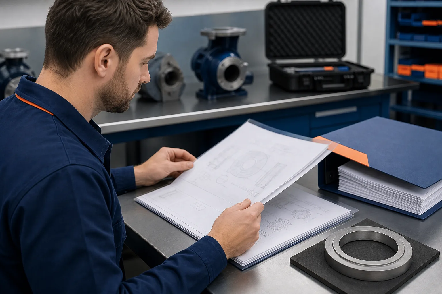 Procurement engineer checking technical document revision information