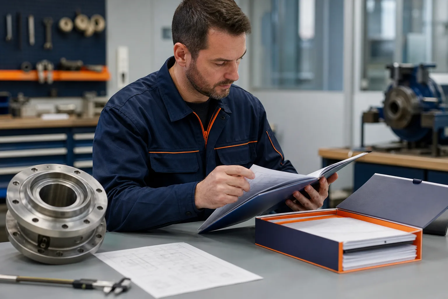 Procurement engineer checking technical document revision information
