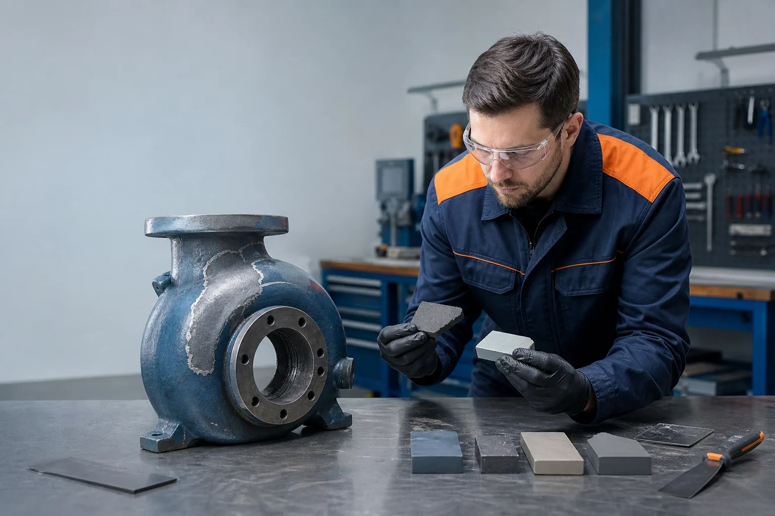 Engineer assessing epoxy repair material options beside a prepared metal pump casing