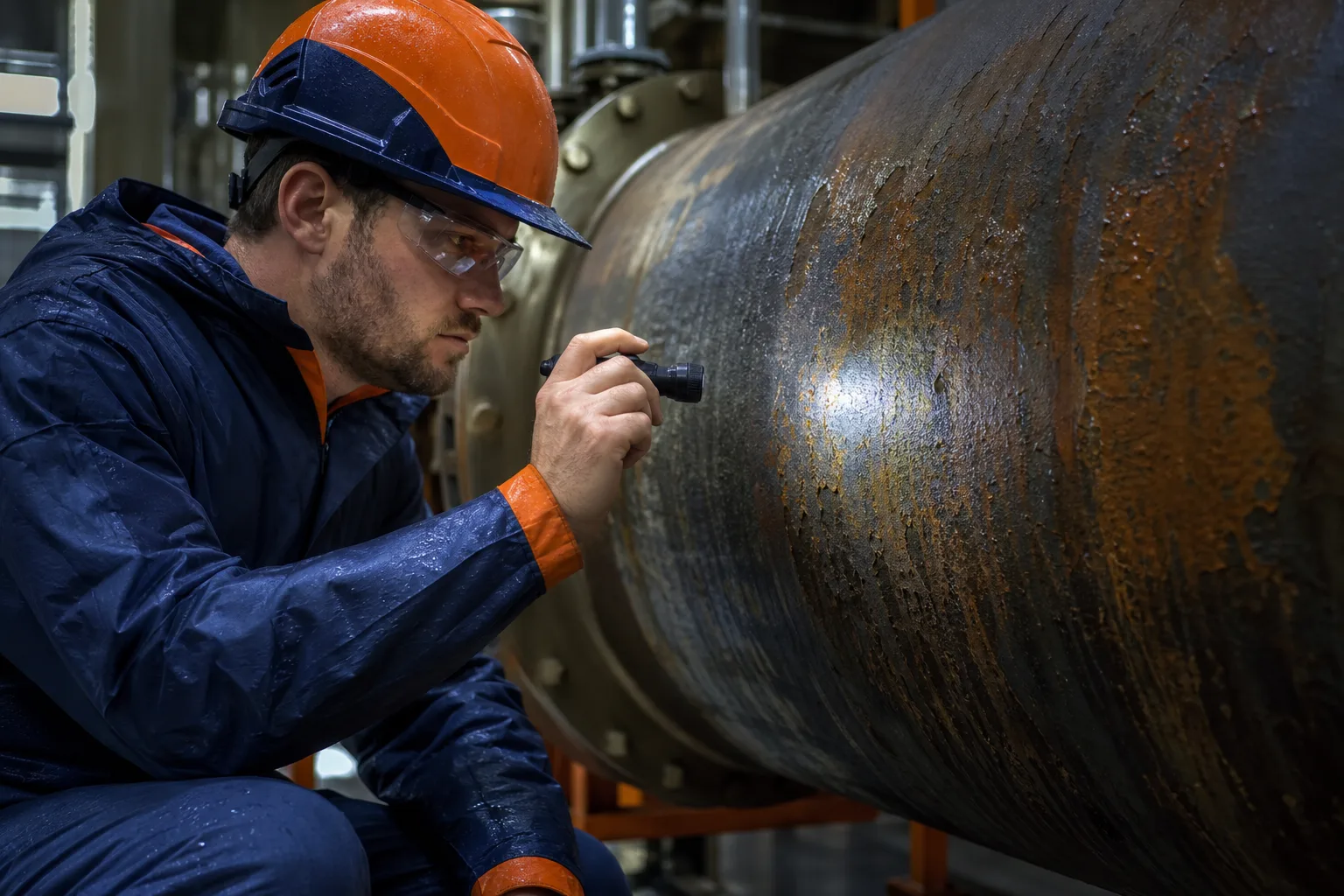 Technician assessing a wet industrial surface before repair