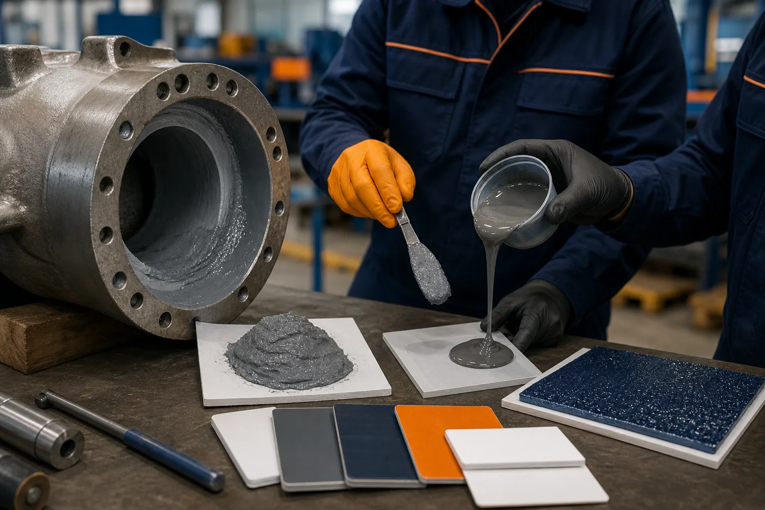 Different epoxy repair material forms being evaluated for an industrial component