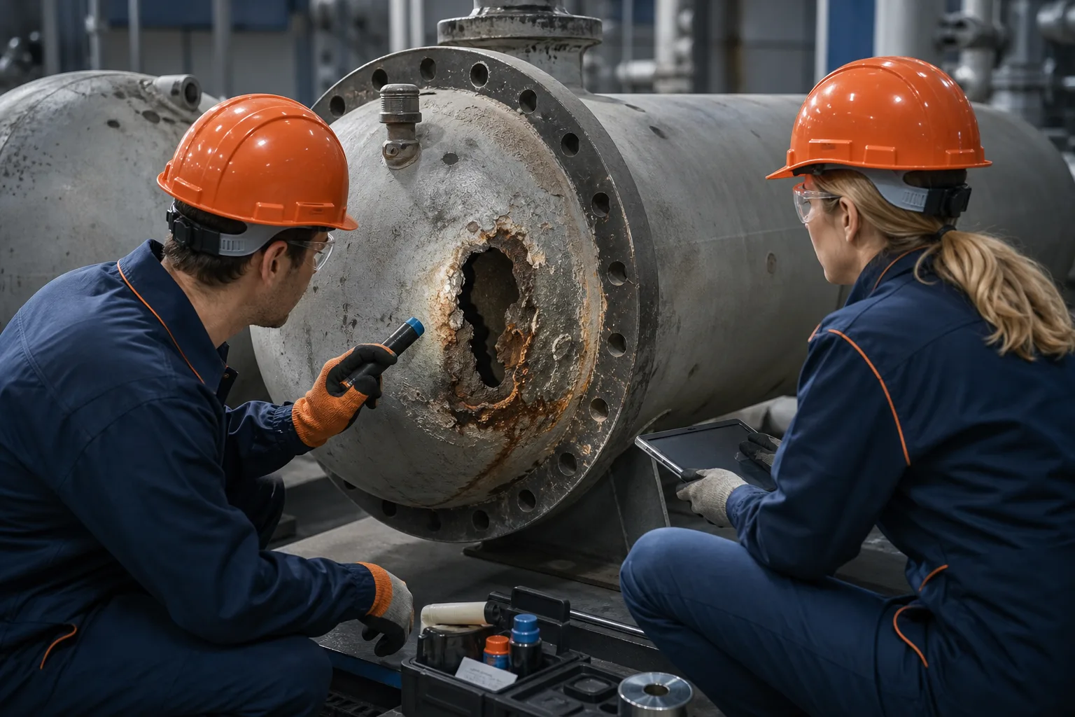 Engineers inspecting a damaged pressure-containing industrial component