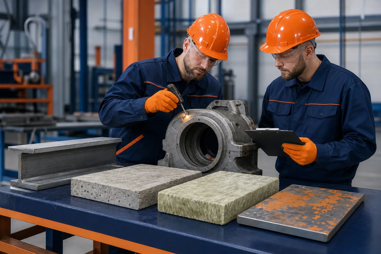 Technicians assessing metal concrete and composite substrates before epoxy repair