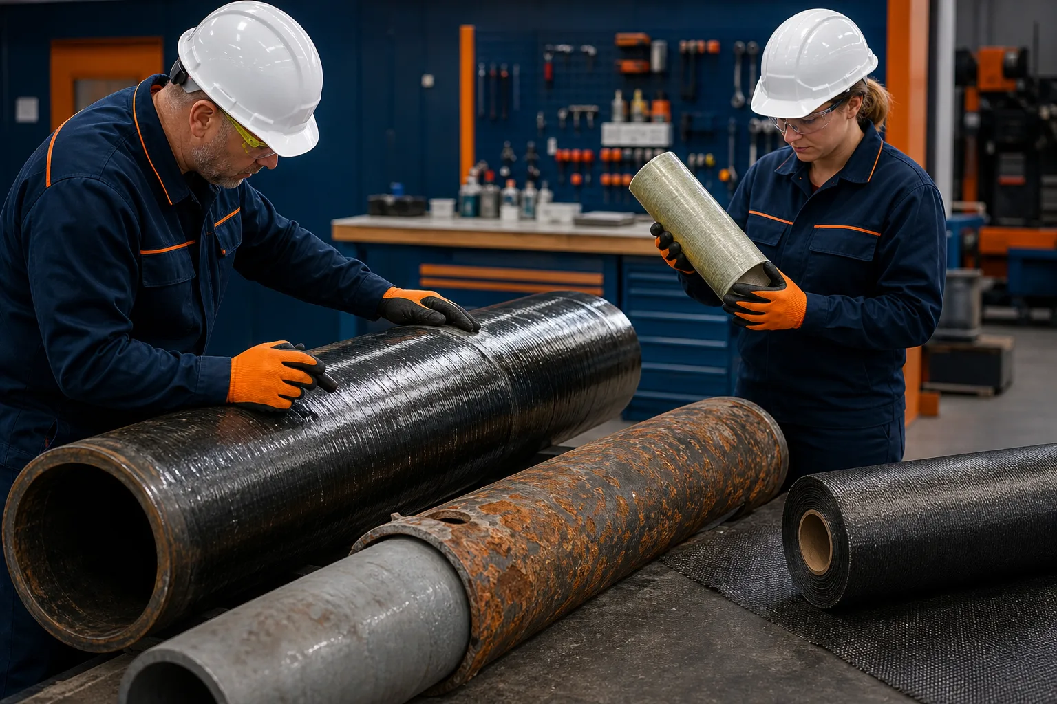 Technicians assessing metal concrete and composite substrates before epoxy repair