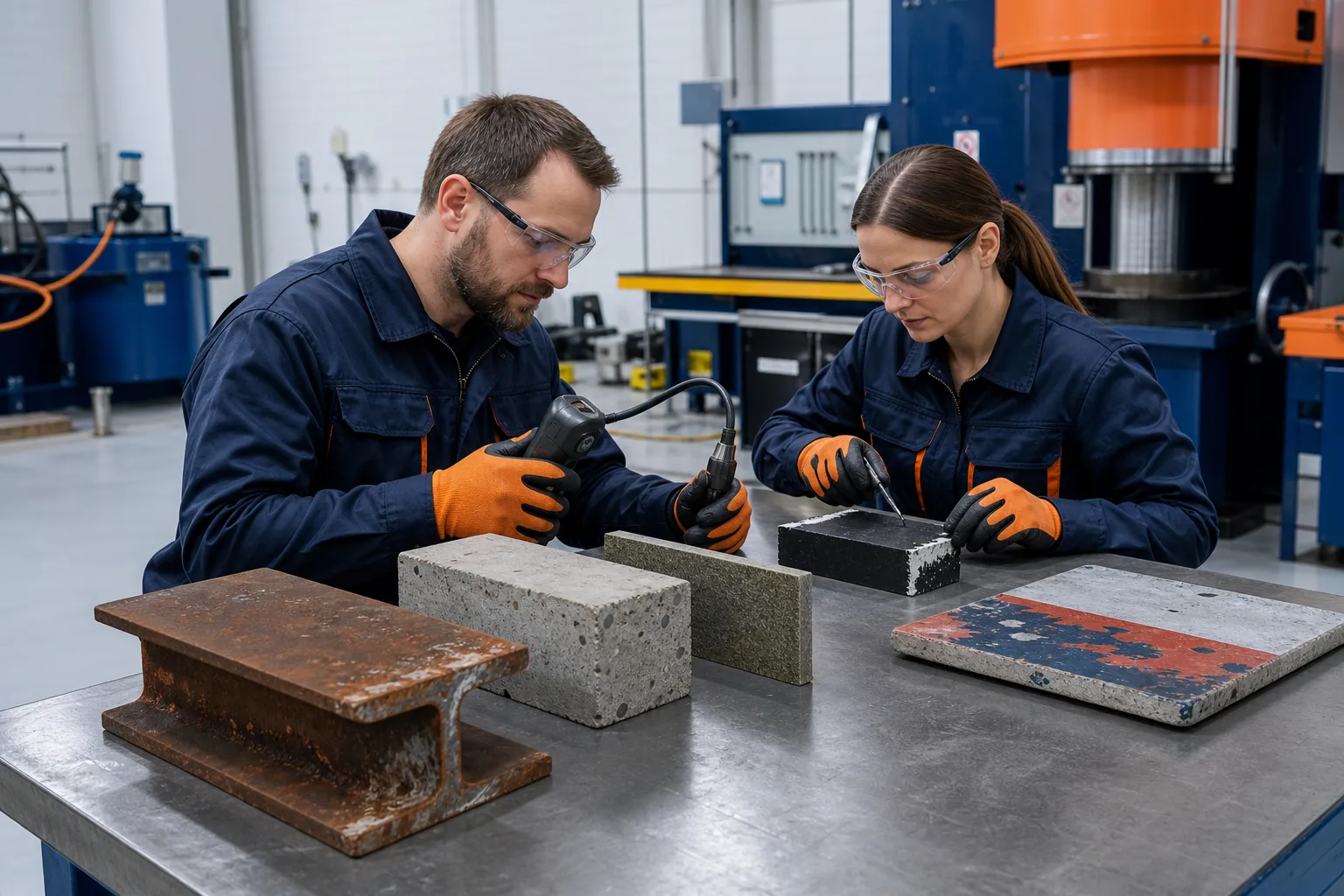 Technicians assessing metal concrete and composite substrates before epoxy repair