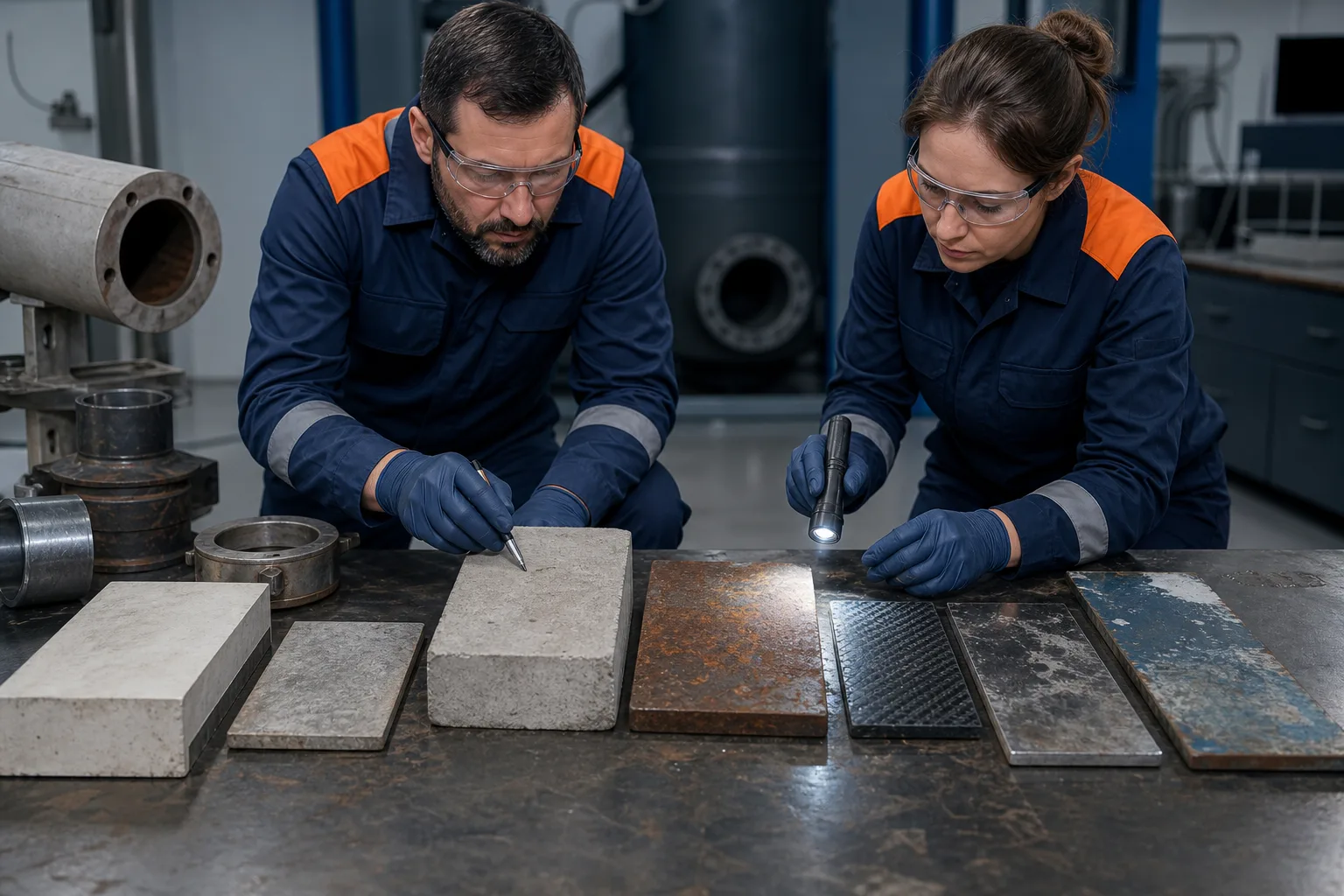 Technicians assessing metal concrete and composite substrates before epoxy repair