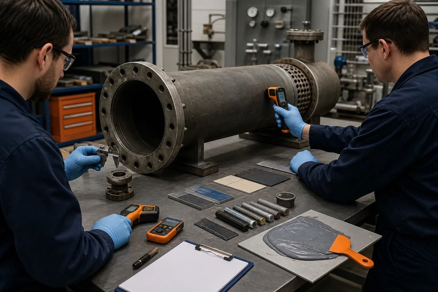 Engineers reviewing cure planning conditions for an industrial epoxy repair