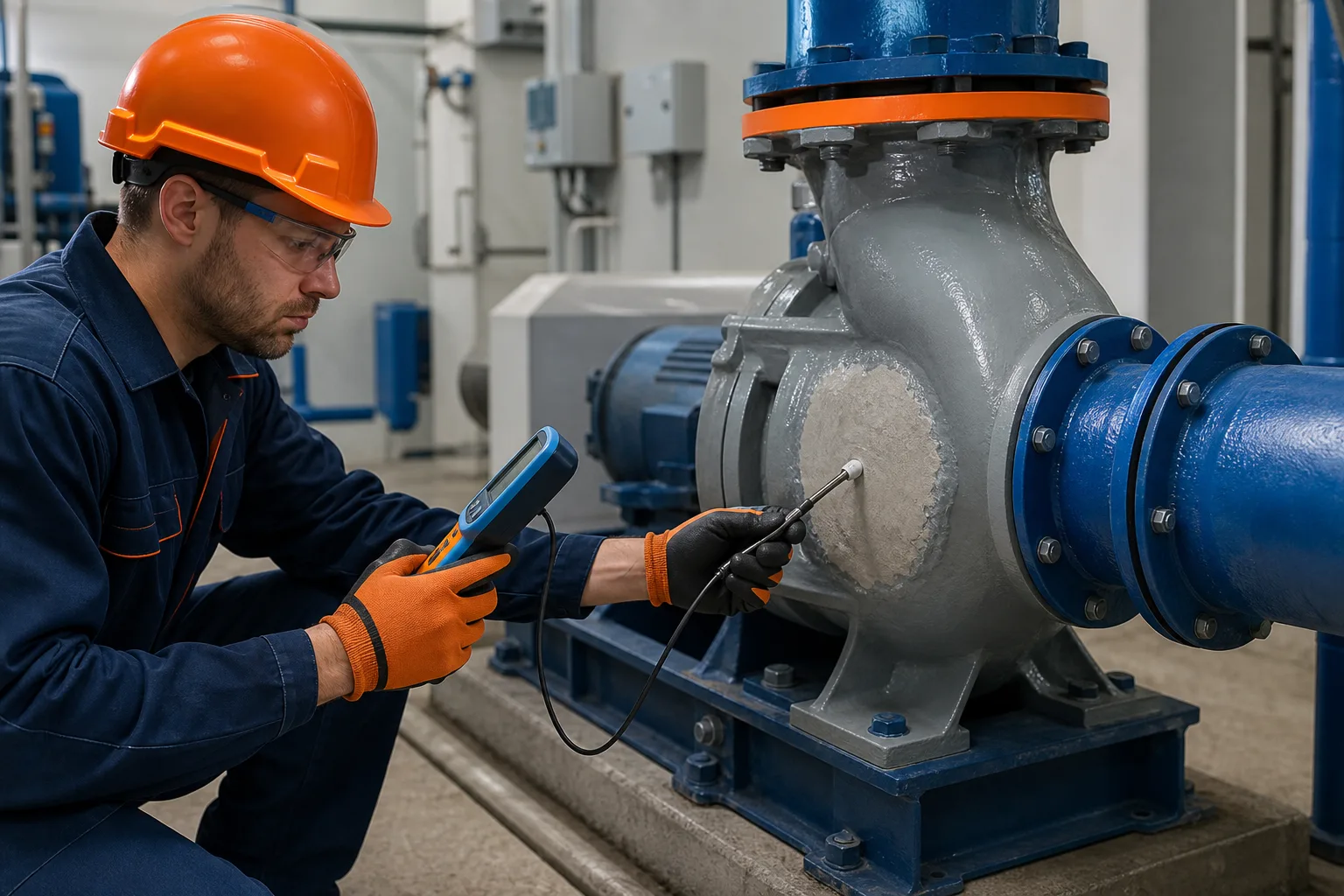 Technician measuring temperature on an industrial pump casing