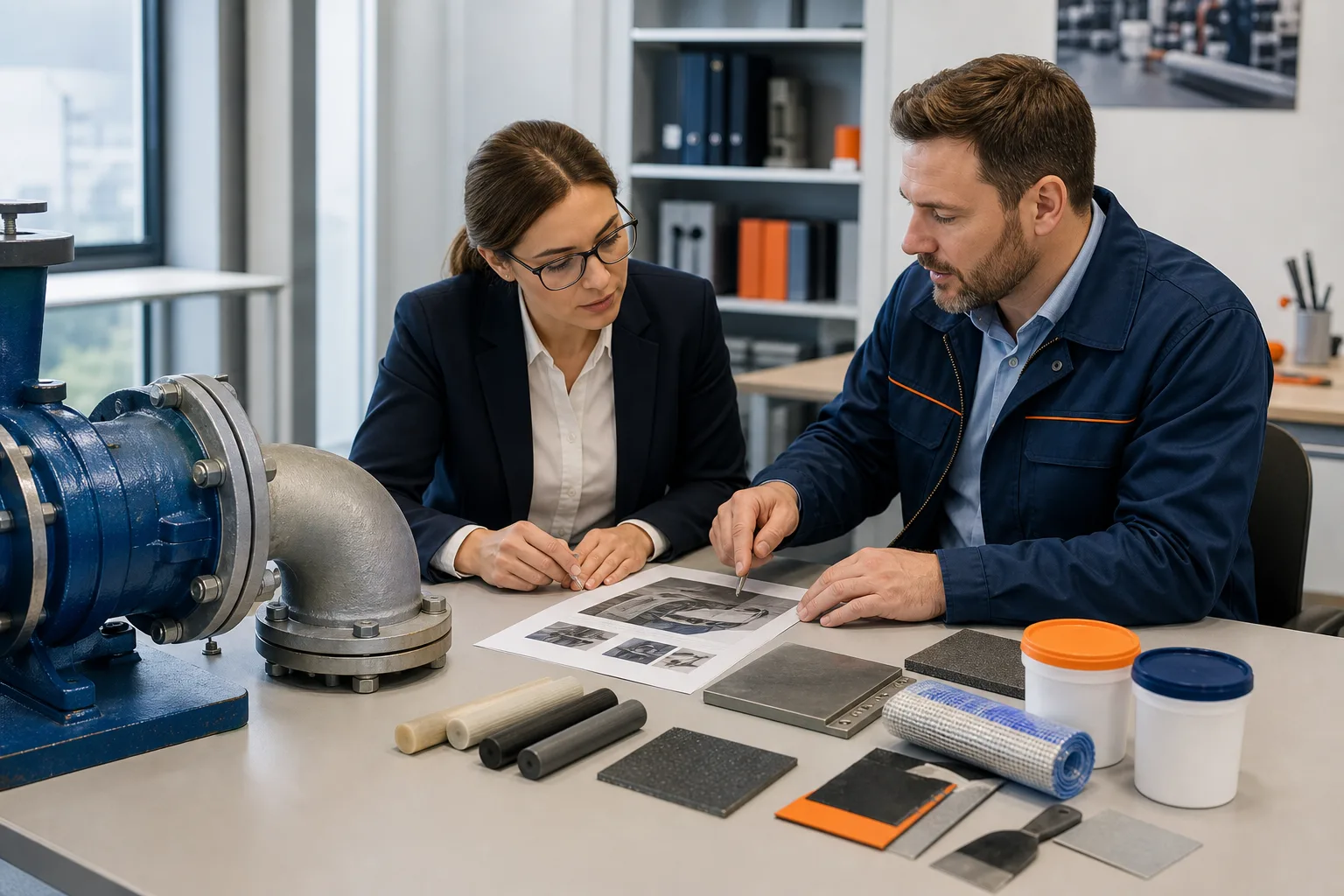 Industrial engineer and buyer reviewing supplier qualification requirements