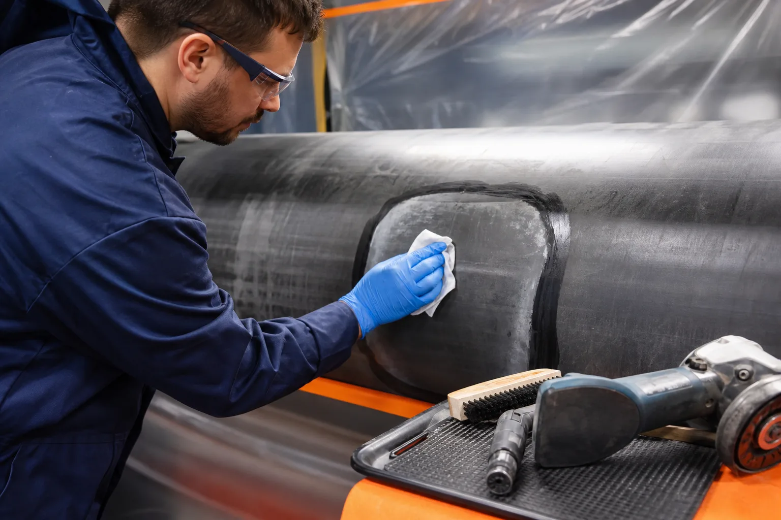 Technician preparing a rubber surface for repair