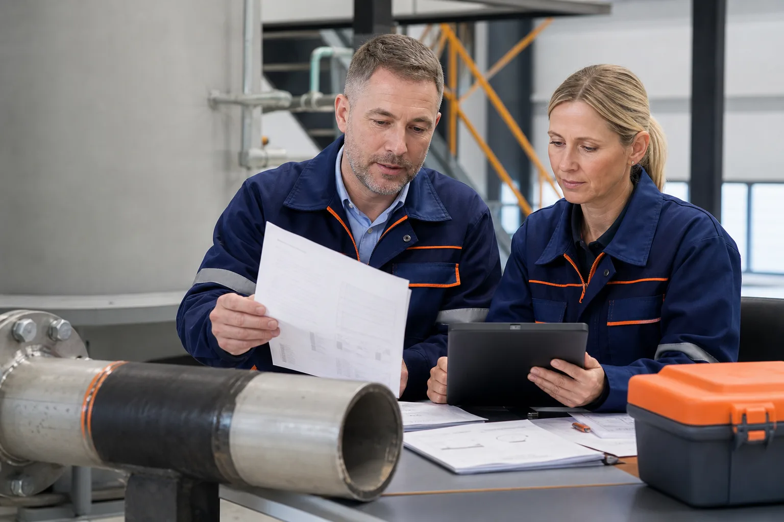 Technical professionals reviewing industrial repair documentation