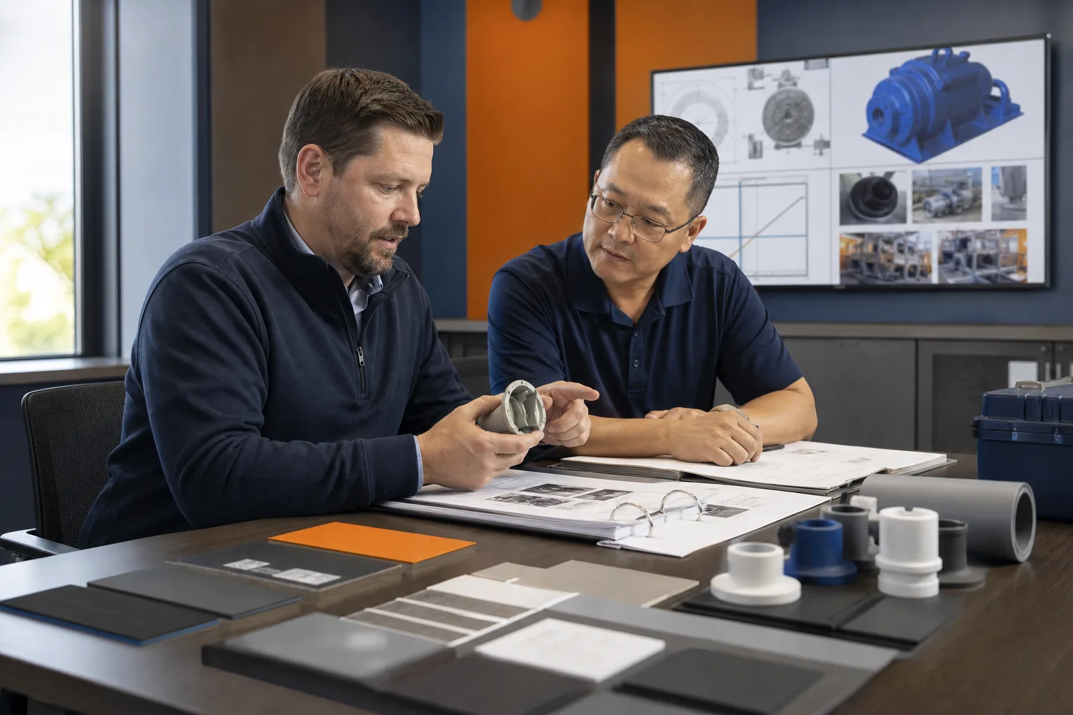 Product manager and technical specialist reviewing an industrial repair materials portfolio