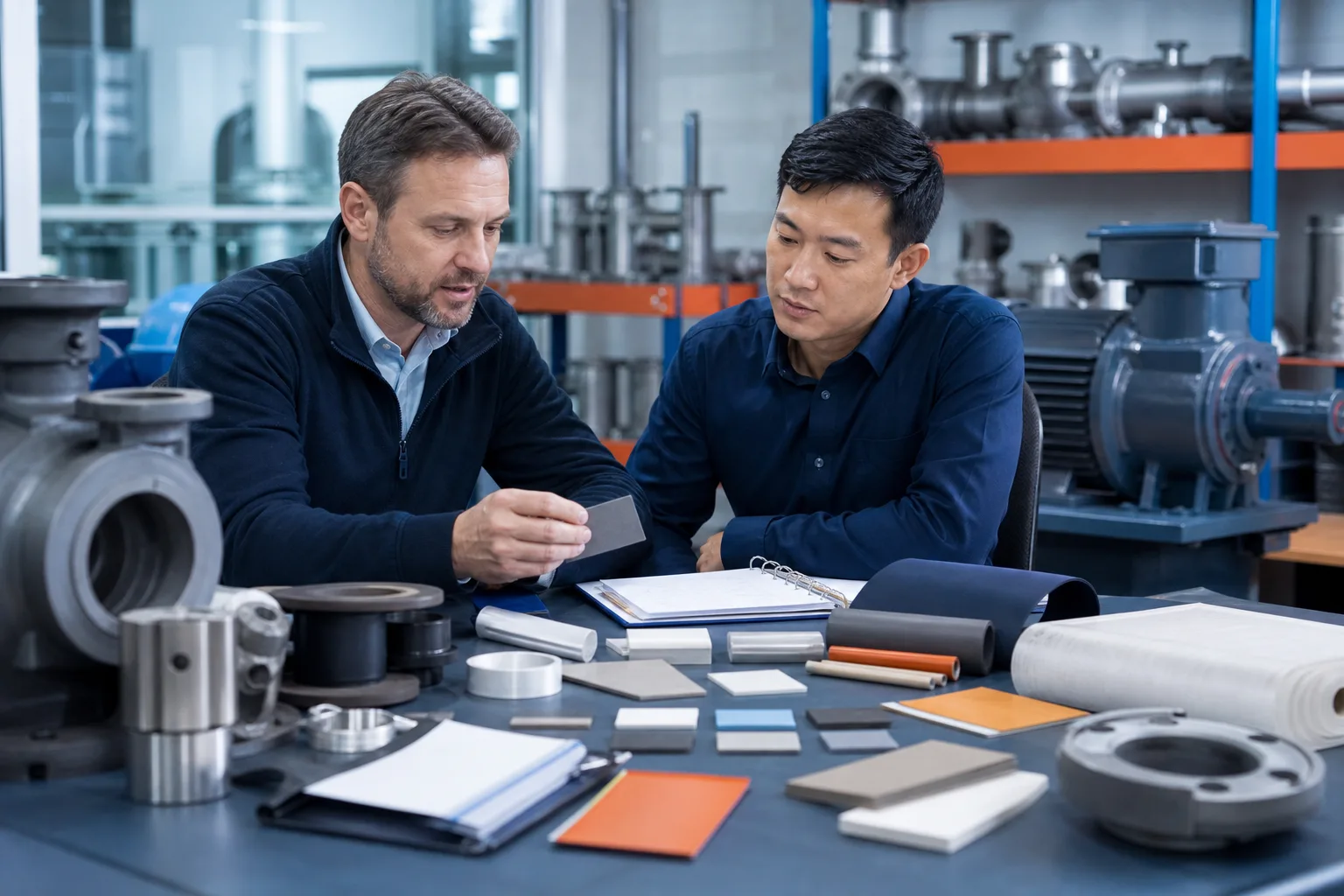 Distributor and technical buyer reviewing industrial repair material options