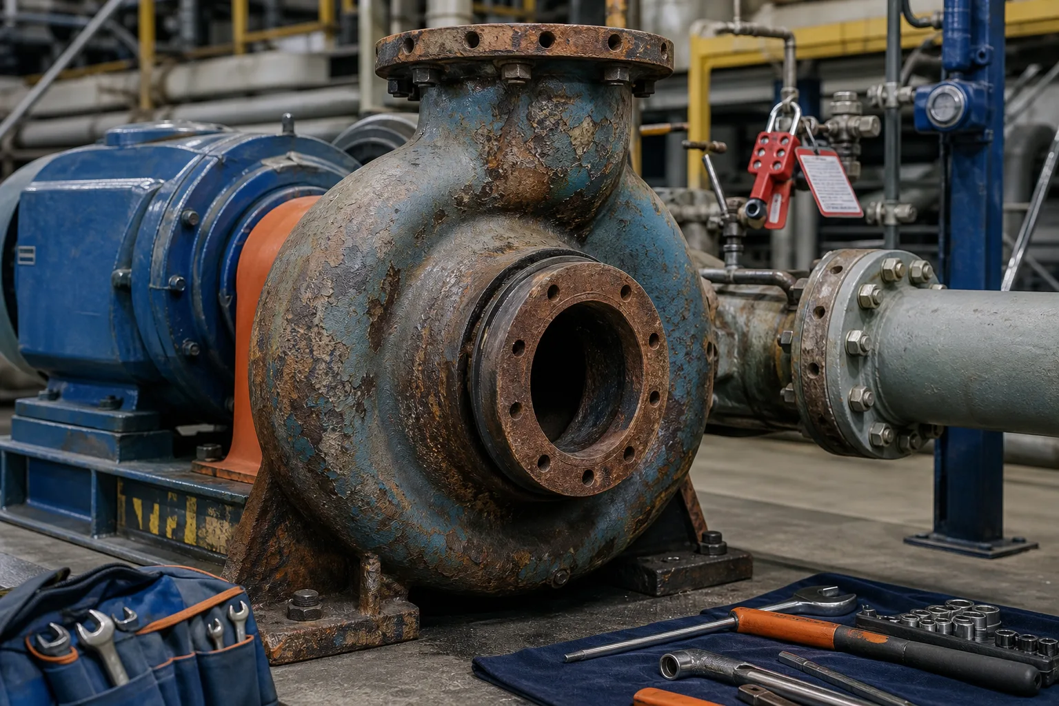 Isolated industrial pump and pipework prepared for shutdown repair assessment
