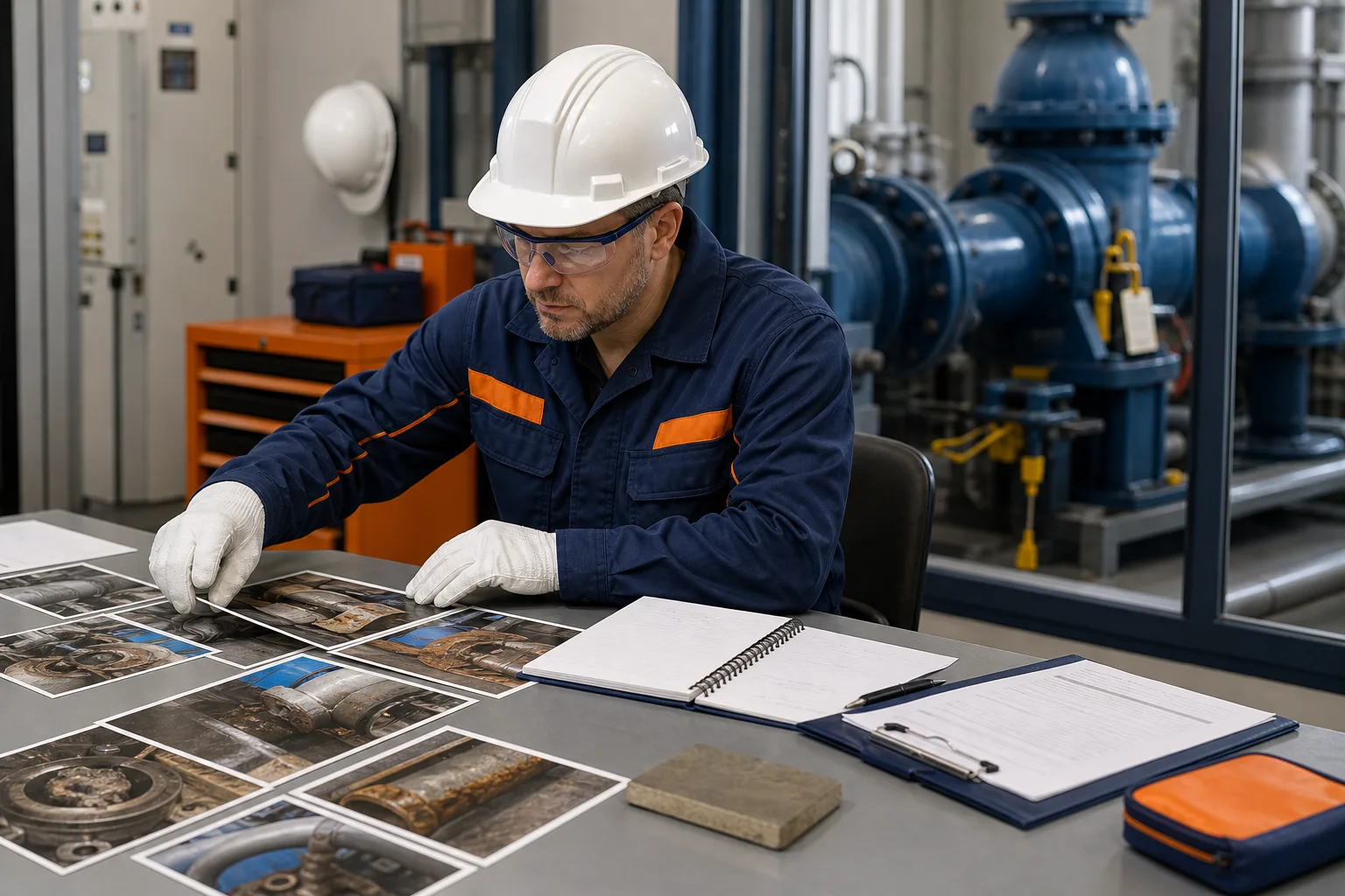 Maintenance specialist preparing equipment and operating information for an industrial repair consultation