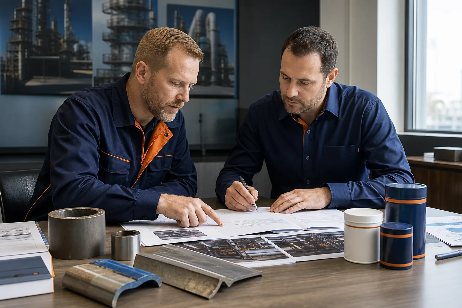 Contractor and technical specialist reviewing an industrial repair project brief