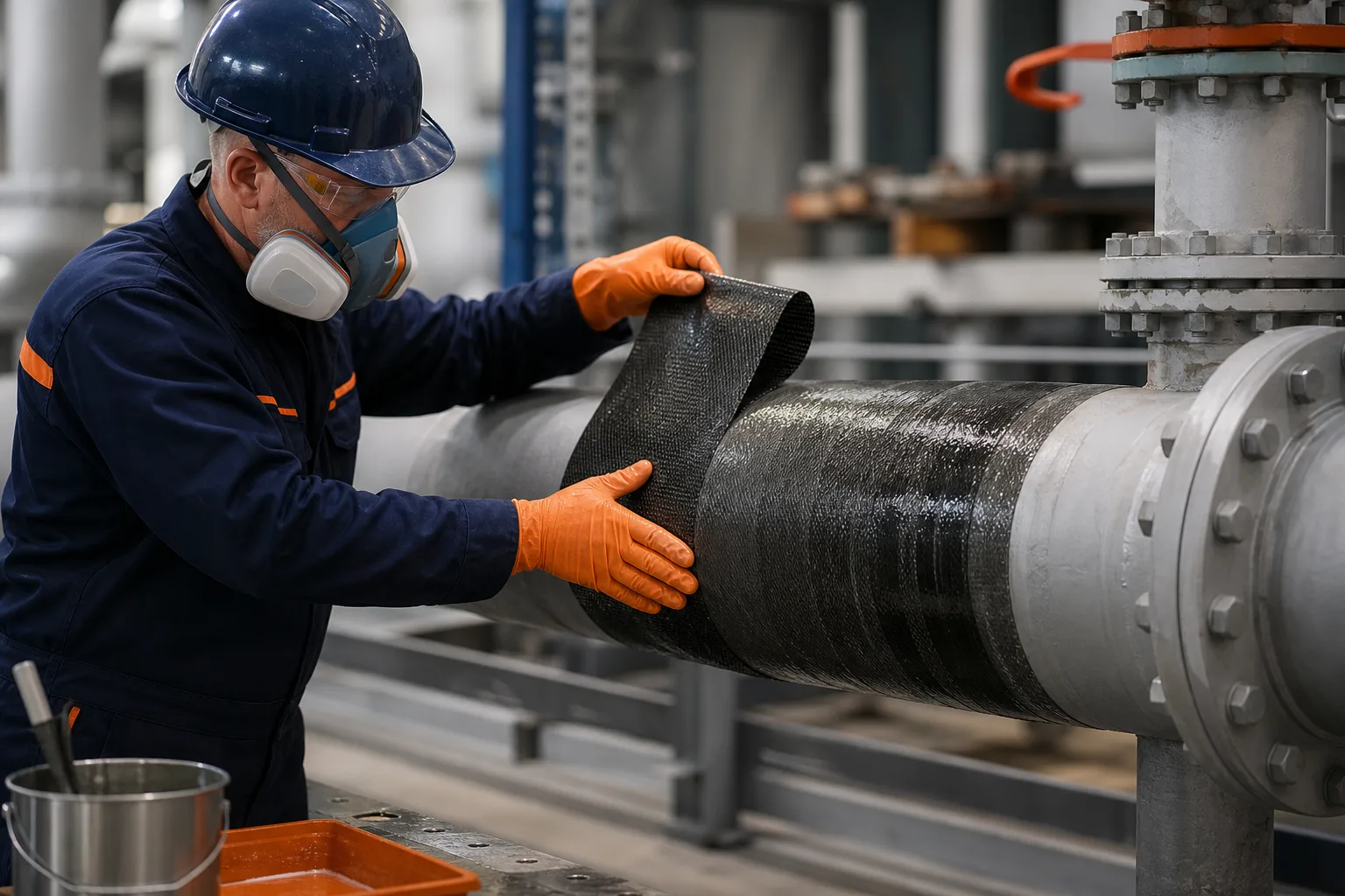 Industrial repair preparation scenes representing ZDSChem contractor product routes