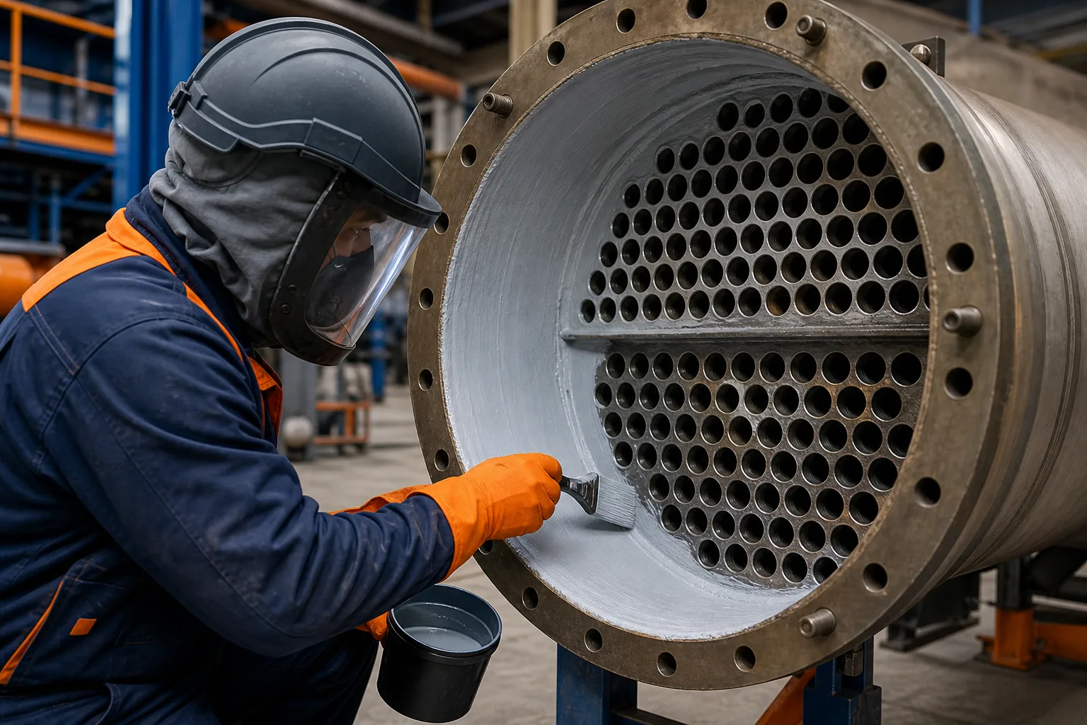 Industrial repair preparation scenes representing ZDSChem contractor product routes