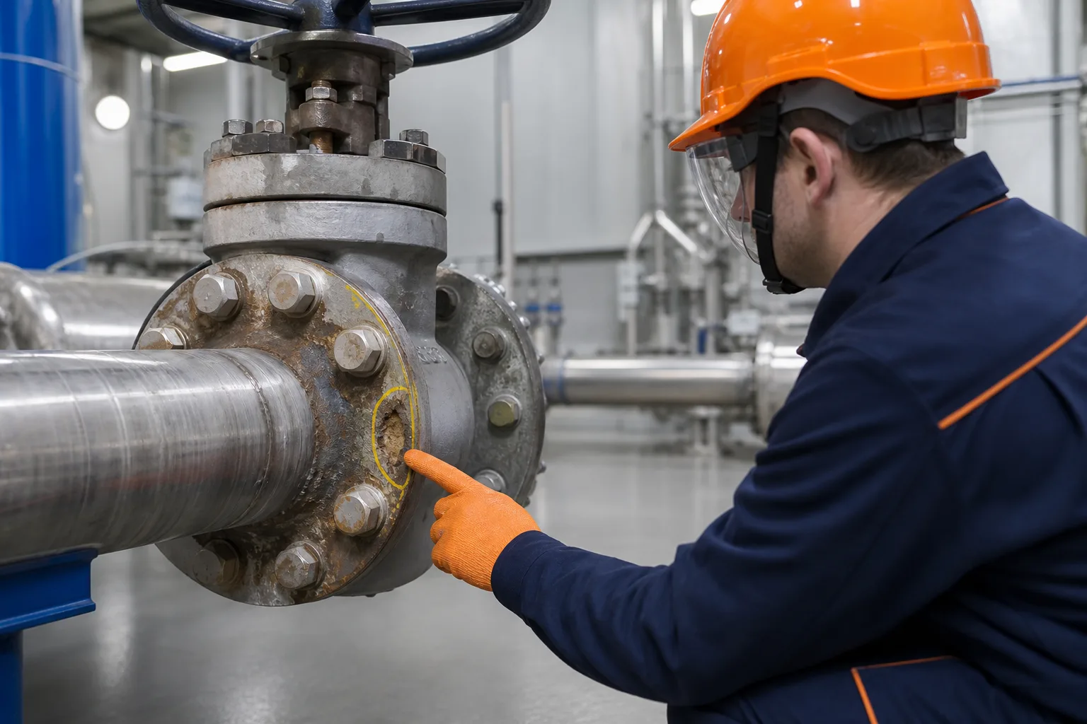 Technician inspecting an isolated industrial valve and bolted flange