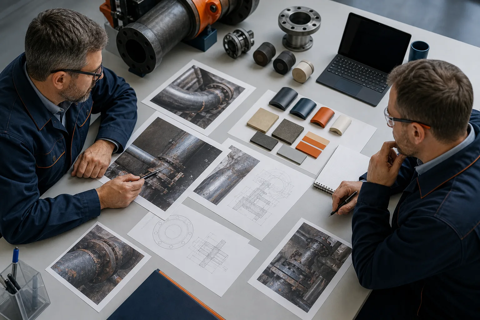 Engineers reviewing valve repair service conditions and material constraints