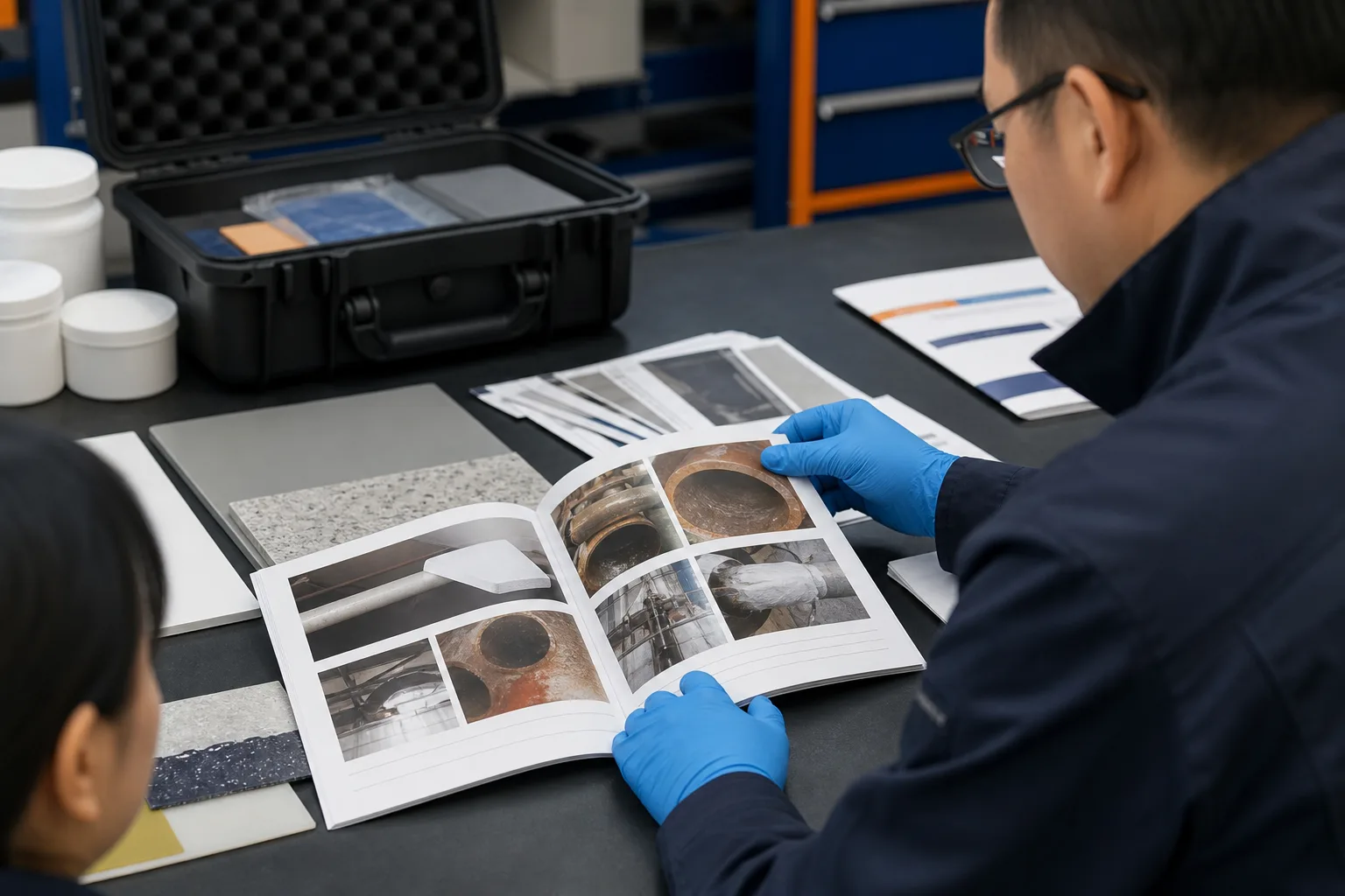 Technical staff evaluating industrial repair material samples
