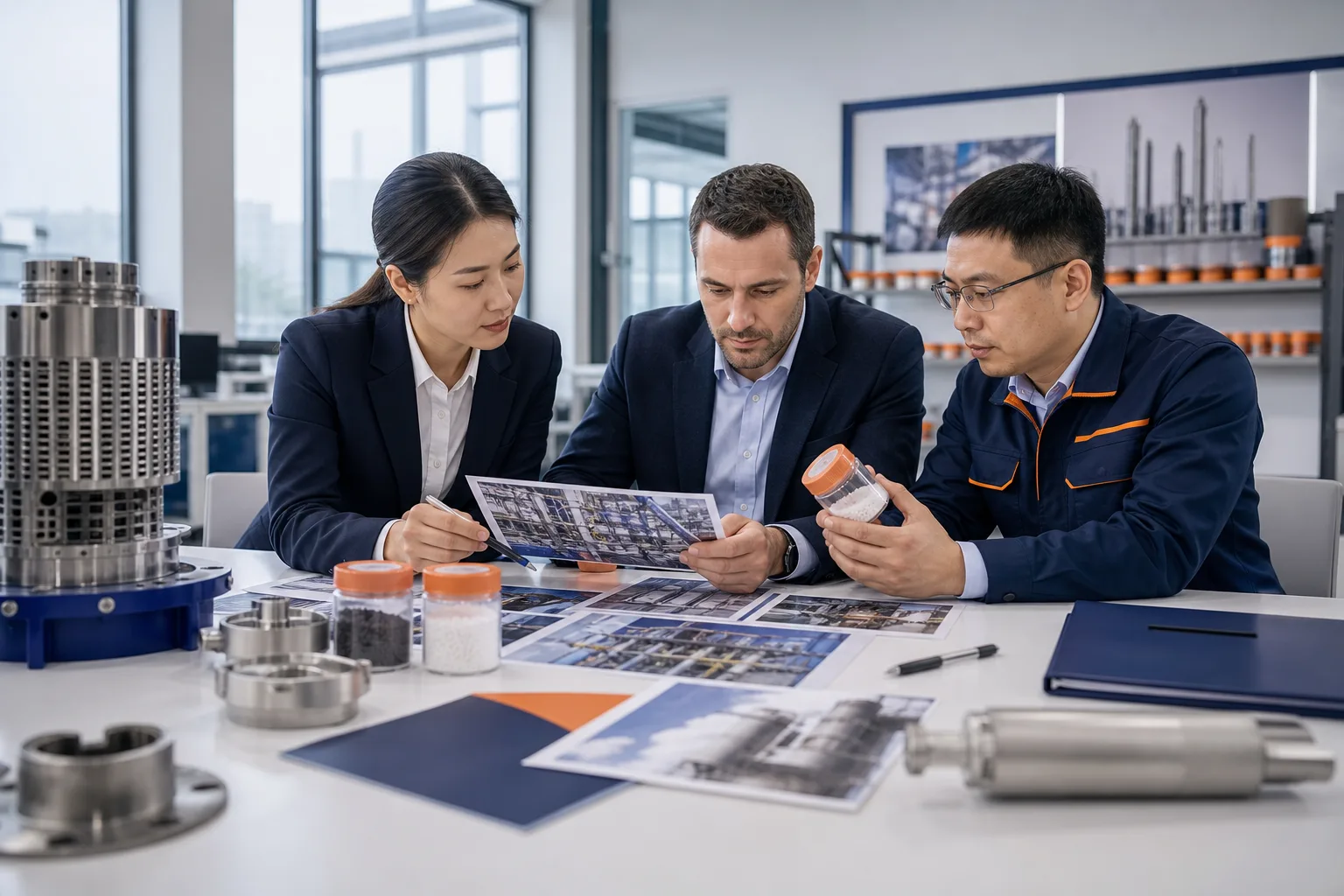 Industrial procurement and technical team reviewing partnership requirements